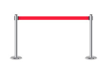 Retractable Stanchion With Red Tape. Red Fencing Tape. Realistic Metal Barrier For Vip Zone, Security Zone, Closed Event, Exclusive Entrance And For Crowd Control. Vector Illustration.