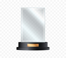 Glass Trophy. Realistic Crystal Award Or Acrylic Prize. Winner Glass Cup On Stand. Vector Illustration.