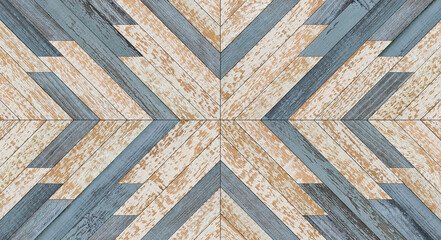 Wall Mural - Old rustic wooden panel with geometric pattern for wall decor. Wooden planks texture for background.