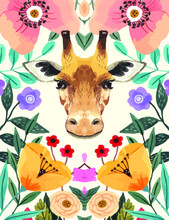 Giraffe Portrait Watercolor Painting, Drawing, Colorful Graphics, Jungle Realistic On White Background, Green Flower Leaves, Flowers. Textile Design, Painting, T-shirt, Artwork, Exotic Print, Clothing