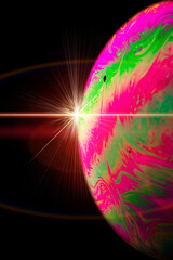 Wall Mural - Bubble color. Globe planet earth in galaxy universe space with abstract sun on black background. Color abstract fluorescent inks in water.