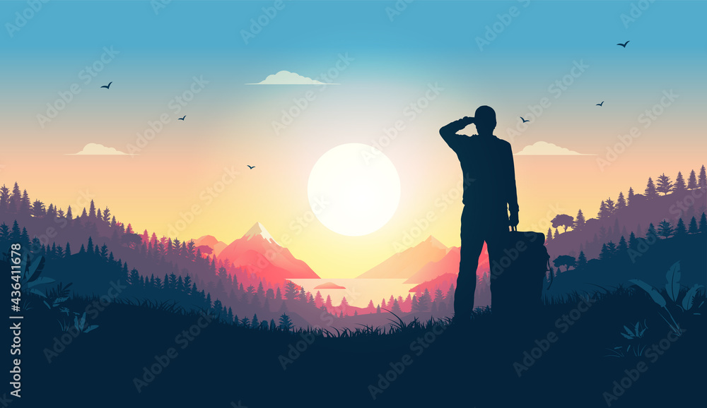 Hiker watching sunrise from hill - Man looking at beautiful view over warm landscape, enjoying the start of a new day. Happiness, positive and contentment concept. Vector illustration. - obrazy, fototapety, plakaty 