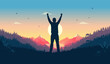 Personal victory and winning - Person standing in landscape watching sunrise celebrating triumph alone. Feel good concept, vector illustration.