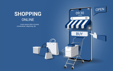 Shopping online on mobile Application. Modern marketing and Digital marketing. e-commerce. online store promotion concept. Use for website, banner and mobile website. 3D vector illustration