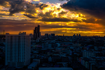 panoramic high-angle evening background of the city view,with natural beauty and blurred sunsets in the evening and the wind blowing all the time,showing the distribution of city center accommodation