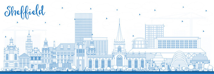 Outline Sheffield UK City Skyline with Blue Buildings.