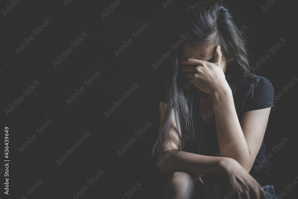 Young depressed woman, domestic violence and rape. stop abusing violence, human trafficking, stop violence against women, Human is not a product. Stop women abuse, Human rights violations. - obrazy, fototapety, plakaty 