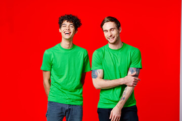 two friends green t-shirts fashion casual clothing studio