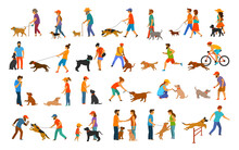 People With Dogs Graphic.man Woman Training Their Pets Basic Obedience Commands Like Sit Lay Give Paw Walk Close, Exercising Run Jump Barrier, Protection, Running Playing And Walking, Teaching 