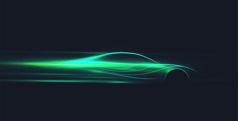 Green neon glowing in the dark electric car on high speed running concept. Fast ev silhouette. Vector illustration