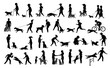 people with dogs silhouettes graphic set.man woman training their pets basic obedience commands like sit lay give paw walk close, exercising run jump barrier, protection, running playing, walk, teach