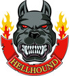 dog, banner with text hell hound and flames