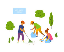 Young People Volunteers Cleaning Up The Park Isolated Vector Graphic Scene