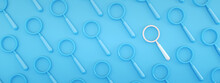 Magnifiers Glass Pattern On Light Blue Background, 3d Render, Panoramic Image