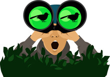 Excited Birdwatcher Observing A Bird Through A Pair Of Binoculars, Sitting In A Hiding, EPS 8 Vector Illustration