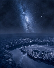 Wall Mural - milky way over river at night. wildlife at night, poland.
