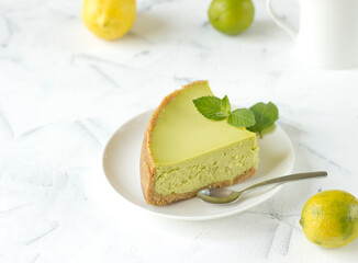 Homemade freshly baked delicious cheesecake against white background copy text, traditional dairy dessert concept, selective focus.