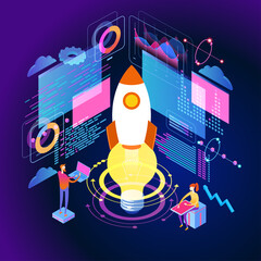 Wall Mural - startup management isometric concept banner. the work of a person to achieve a goal. startup concept
