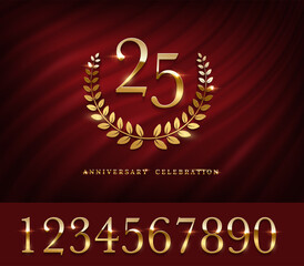 Wall Mural - Anniversary logo with golden numbers template. 25th birthday, jubilee or wedding with laurel sign vector illustration. Invitation to celebrate. Shiny numbers on red fabric background