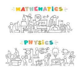 Wall Mural - Cartoon set - Math and Physics subjects with little people and education symbols. Doodle cute miniature scene of workers with books, rocket. Hand drawn vector illustration for science design.