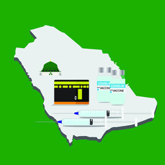 A vector of Saudi map, Kaaba, Masjid Nabawi and two doses vaccine of Covid-19. People that entering Saudi must get two doses vaccine.