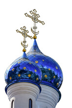 On A White Background, Under Clipping, Two Domes Of A Christian Church Of Different Sizes, With Crosses At The Top