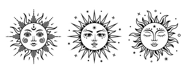 Wall Mural - set of boho sun. vector silhouette design. alchemy and astrology symbol. solar sign. monochrome cele