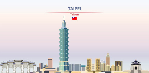 Fototapete - Taipei, cityscape on sunset sky background vector illustration with country and city name and with flag of Taiwan