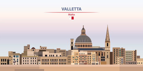 Fototapete - Valletta cityscape on sunset sky background vector illustration with country and city name and with flag of Malta