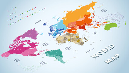 Wall Mural - isometric vector world map colored by continents with countries names
