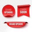 Coming soon grand opening banners. Red ribbon, tag and sticker. Vector illustration.