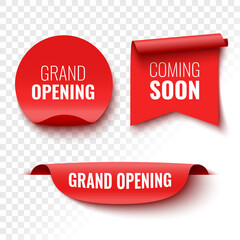 coming soon grand opening banners. red ribbon, tag and sticker. vector illustration.