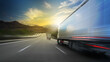LKW Truck Lastwagen einer Spedition fährt auf der Autobahn Straße bei Sonnenuntergang. Schneller Transport, Lieferung und Logistik.