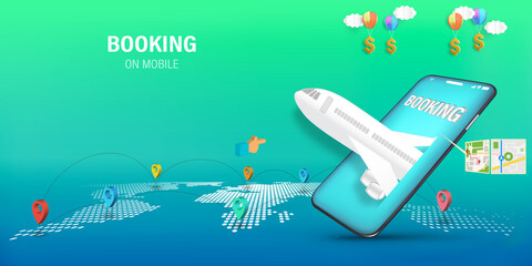 Travel Mobile Application , Travel Online booking on Website or smartphone as trip , transportation and Journey concept, Vector illustration.