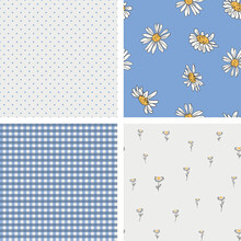 Set Of 4 Pattern In Rustic Style. Plaid, Dots, Strips And Daisy Textures In Blue And White Colors.