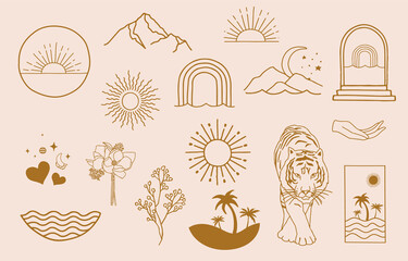 Wall Mural - collection of line design with sun,sea,wave.editable vector illustration for website, sticker, tatto