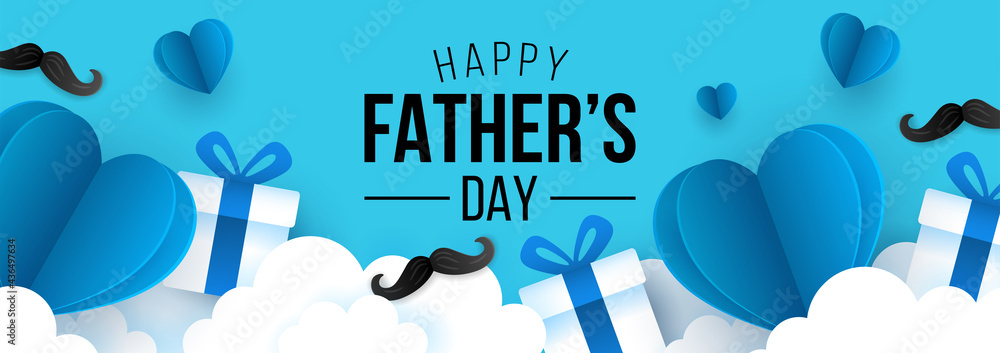 Father's day sale banner template for social media advertising, invitation or poster design with paper art heart shape and gift box background. - obrazy, fototapety, plakaty 
