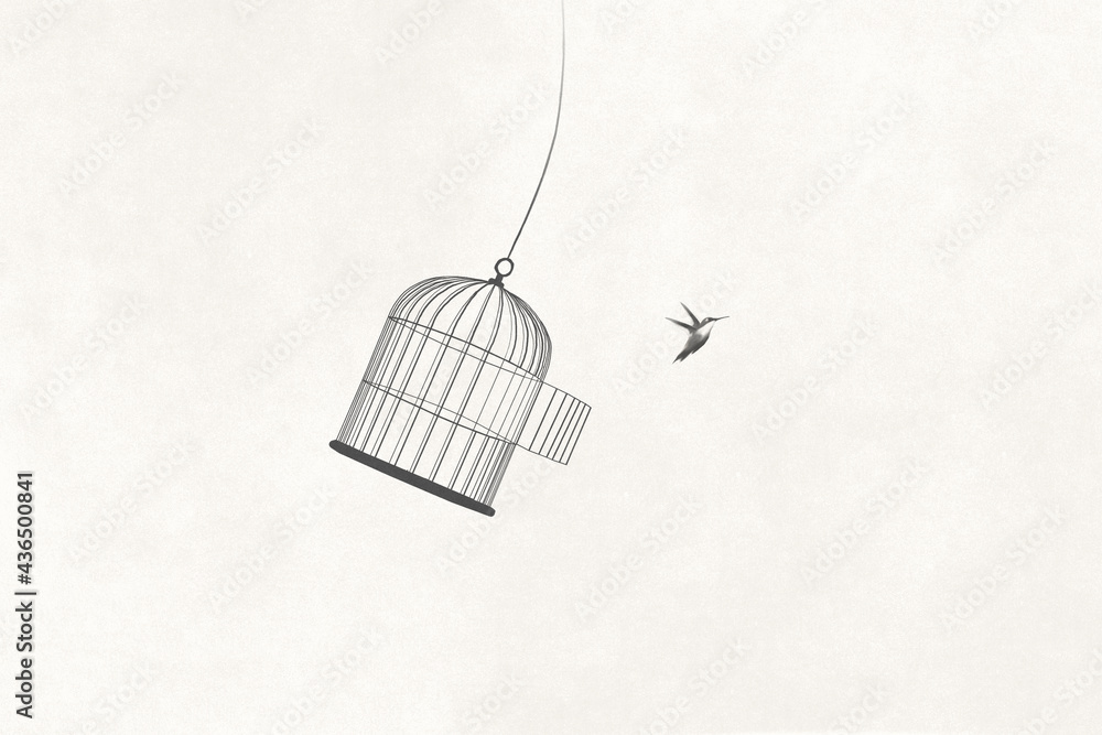 illustration of little bird flying out of open birdcage, surreal freedom motivational concept - obrazy, fototapety, plakaty 