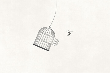 illustration of little bird flying out of open birdcage, surreal freedom motivational concept