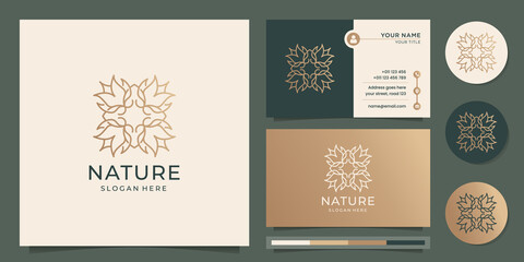 Abstract flower logo line art style. Nature, slim, gold, luxury design with business card template. Premium Vector