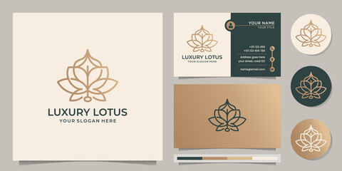 Wall Mural - hand drawn Luxury lotus logo line style. Flower rose design, beauty spa, fashion, line art monogram shape logo.golden logo design, icon and business card template. Premium vector