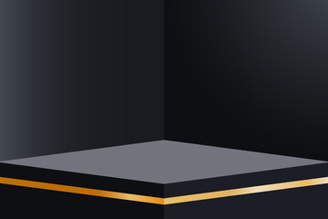 Wall Mural - Dark empty room interior design with platform with gold decorations. Blank stand in corner of room. Realistic 3d podium for product display show or place for presentation. Vector.