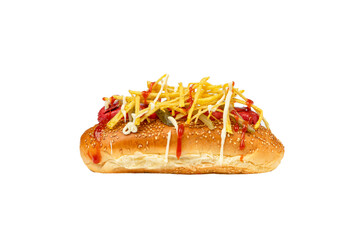 American hot dog with ketchup and mustard isolated on a white background