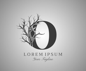 Letter O With Dead Tree Design Logo Icon. Creative Alphabetical Creepy Dry Tree Brach Nature Logo Template.