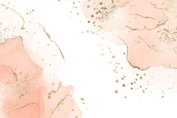 Wall Mural - Abstract dusty blush liquid marbled watercolor background with golden cracks and stains. Pastel marble alcohol ink drawing effect with gold metallic foil. Vector illustration for wedding invitation