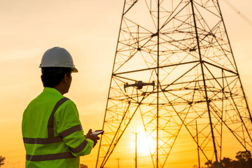 Wall Mural - engineers or electrician use drone to fly inspections at the electric power station to view the plan