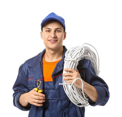 Sticker - Young electrician with cables on white background