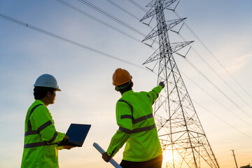 Wall Mural - engineers and technician working inspections at the electric power station to view the planning work