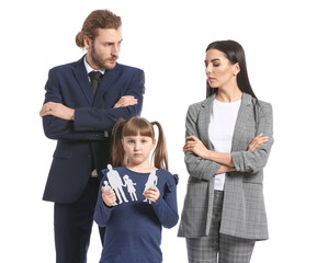 Poster - Little girl with figure of family and her upset parents on white background