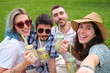 © Ladanifer - Group of happy friends smiling and taking a selfie while drinking refreshing drinks in the park having picnic on a sunny summer day.